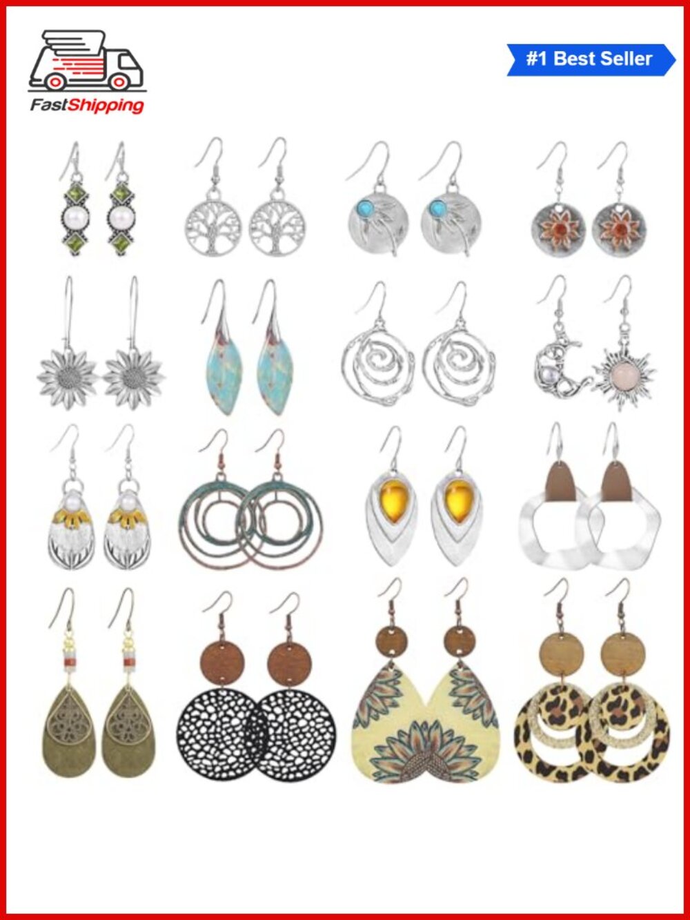 ✨ Boho Dangle Earrings Set Wood Leather Alloy Vintage Drop & Dangle 16 Pairs